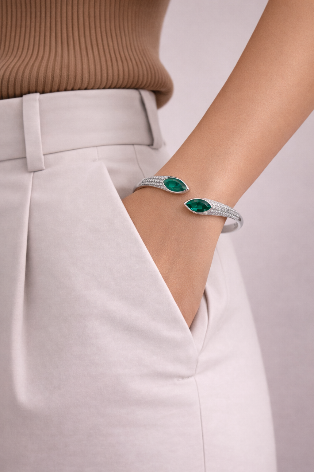Silver Emerald Open Cuff Bracelet - Image 2